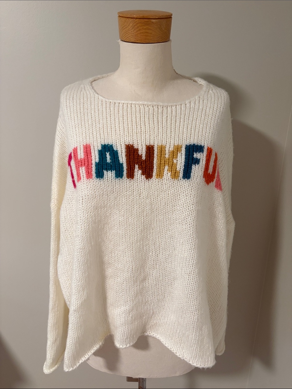 Cream Wooden Ships Thankful' Knit Sweater - Multicolor Lettering S/M